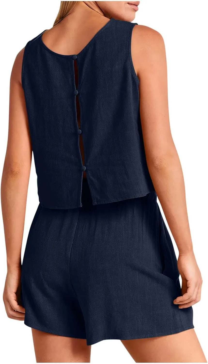 Short Sets For Women 2 Piece Vacation Outfits 2024 Summer Sleeveless Crop Top Elastic Waist Shorts Set Linen Lounge Set