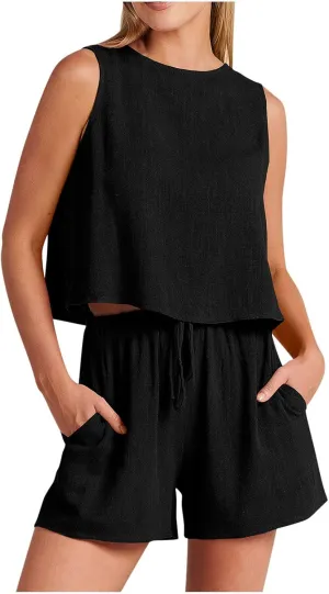 Short Sets For Women 2 Piece Vacation Outfits 2024 Summer Sleeveless Crop Top Elastic Waist Shorts Set Linen Lounge Set