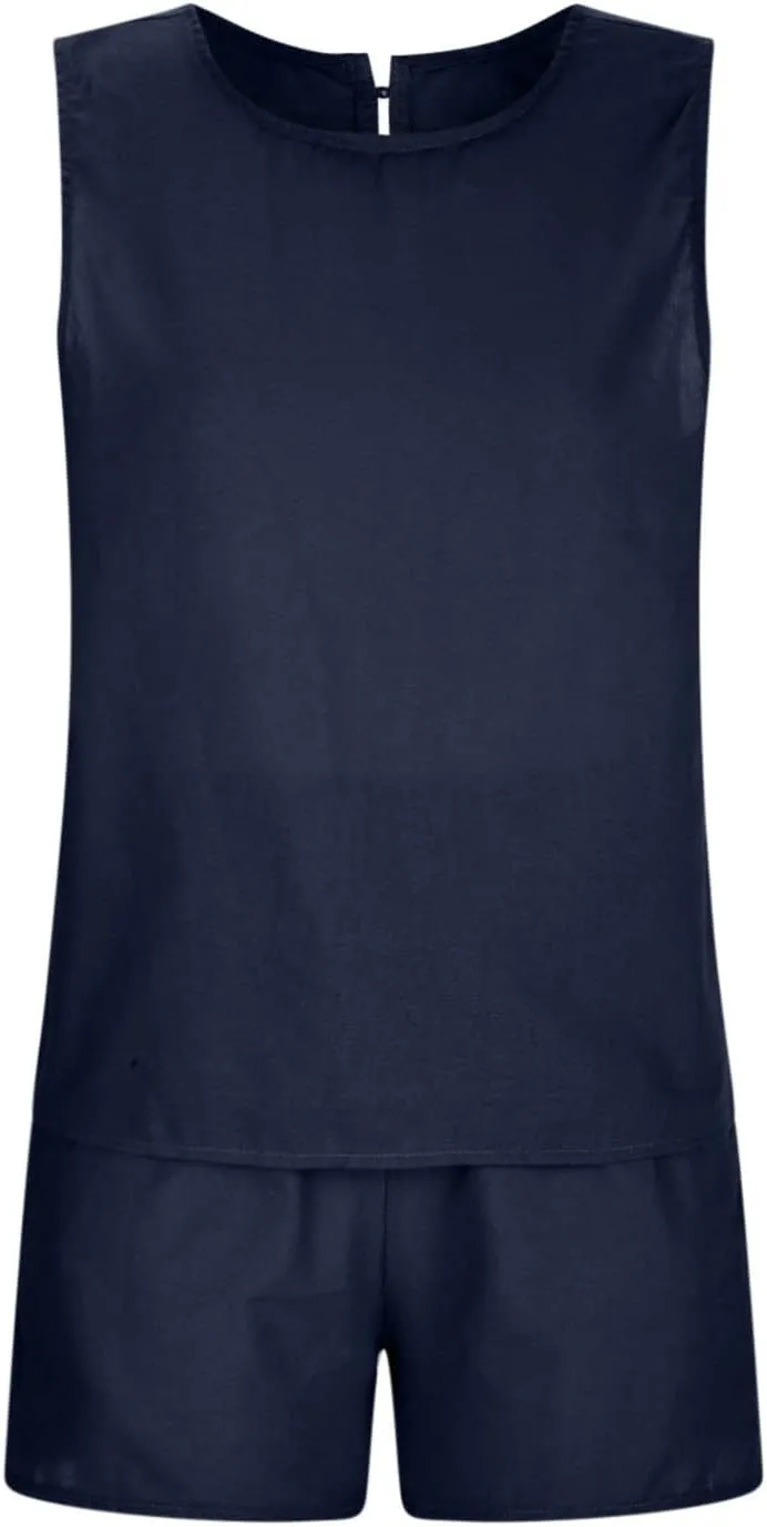 Short Sets For Women 2 Piece Vacation Outfits 2024 Summer Sleeveless Crop Top Elastic Waist Shorts Set Linen Lounge Set