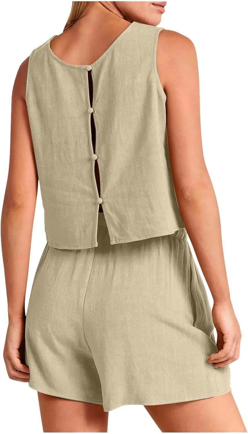 Short Sets For Women 2 Piece Vacation Outfits 2024 Summer Sleeveless Crop Top Elastic Waist Shorts Set Linen Lounge Set