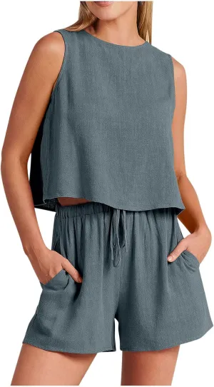 Short Sets For Women 2 Piece Vacation Outfits 2024 Summer Sleeveless Crop Top Elastic Waist Shorts Set Linen Lounge Set