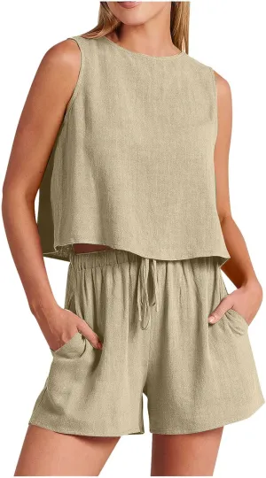 Short Sets For Women 2 Piece Vacation Outfits 2024 Summer Sleeveless Crop Top Elastic Waist Shorts Set Linen Lounge Set