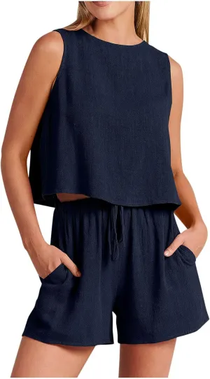 Short Sets For Women 2 Piece Vacation Outfits 2024 Summer Sleeveless Crop Top Elastic Waist Shorts Set Linen Lounge Set