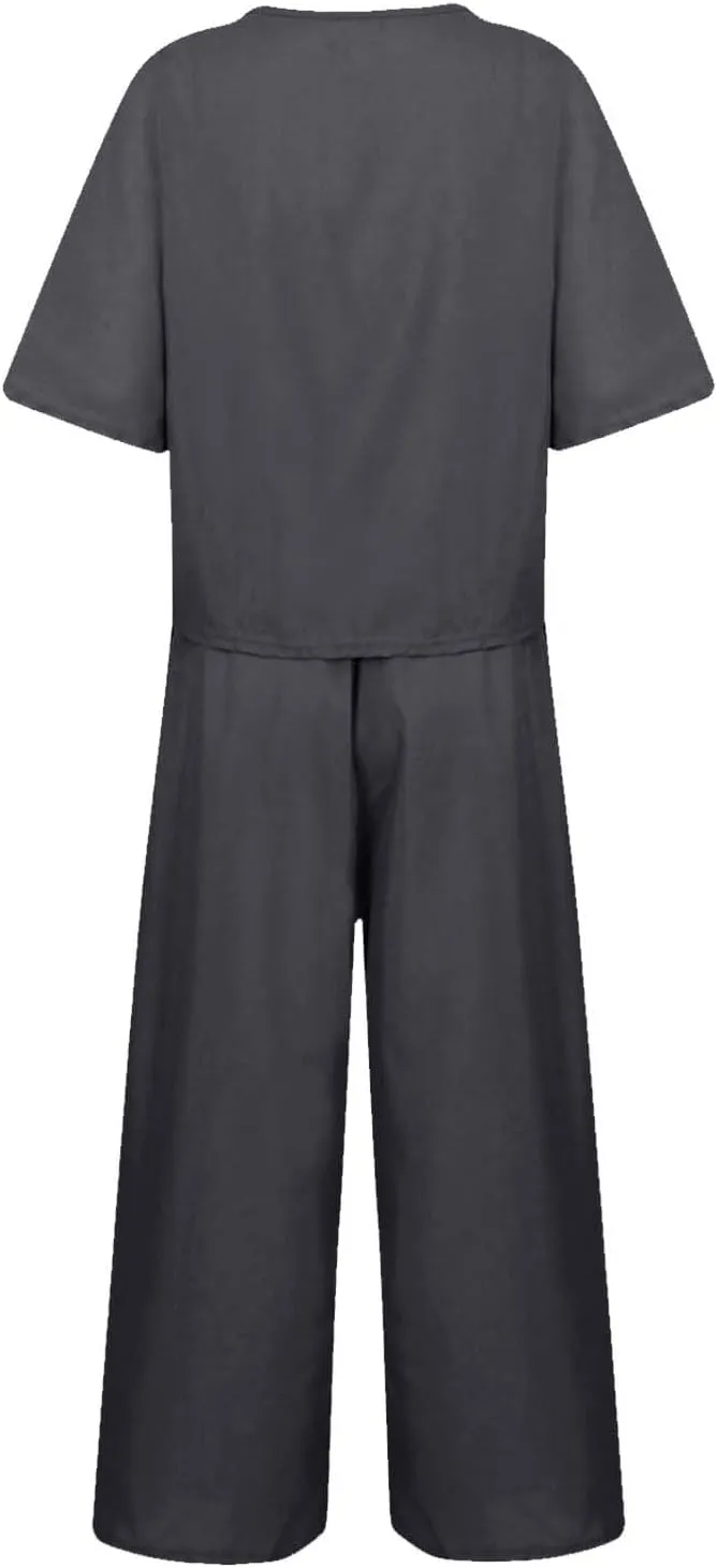 Summer 2 Piece Sets For Women 2024 Casual Loose Tops & Wide Leg Pants Matching Lounge Set Linen Beach Vacation Outfits