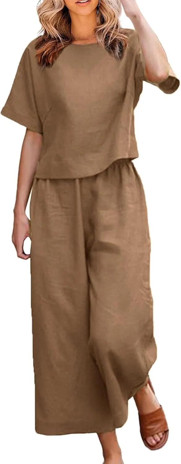 Summer 2 Piece Sets For Women 2024 Casual Loose Tops & Wide Leg Pants Matching Lounge Set Linen Beach Vacation Outfits