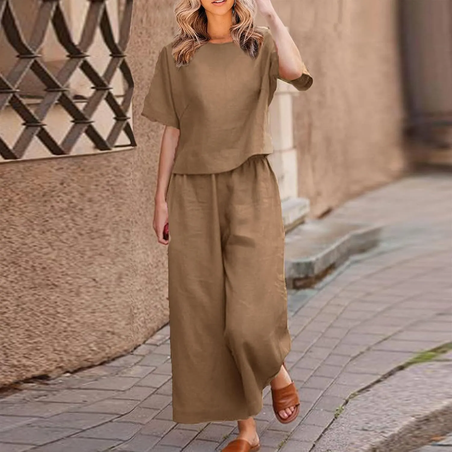Summer 2 Piece Sets For Women 2024 Casual Loose Tops & Wide Leg Pants Matching Lounge Set Linen Beach Vacation Outfits