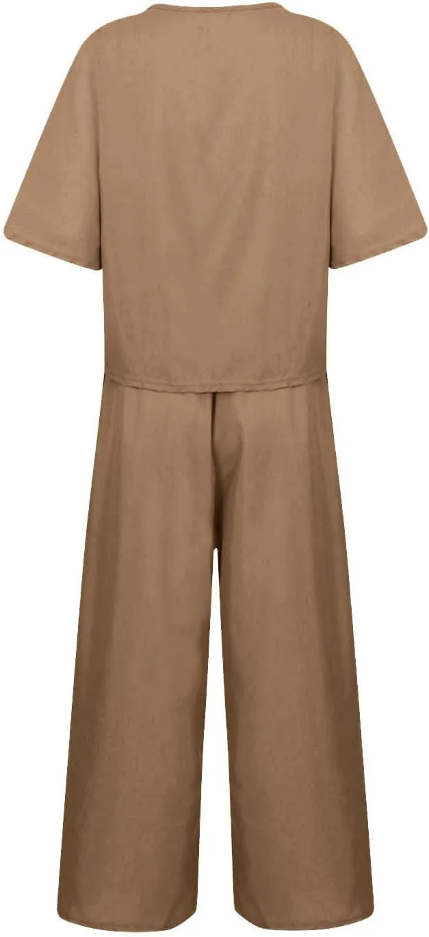 Summer 2 Piece Sets For Women 2024 Casual Loose Tops & Wide Leg Pants Matching Lounge Set Linen Beach Vacation Outfits