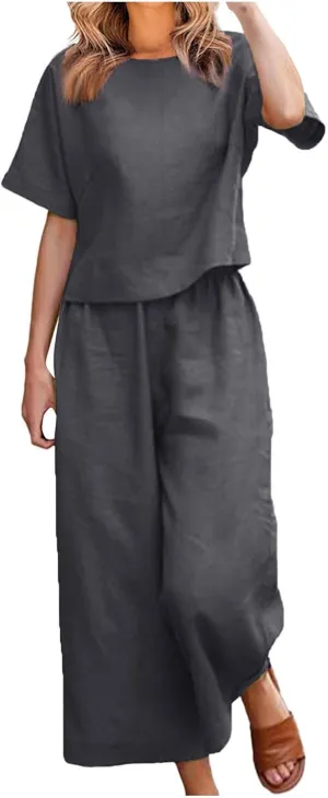 Summer 2 Piece Sets For Women 2024 Casual Loose Tops & Wide Leg Pants Matching Lounge Set Linen Beach Vacation Outfits