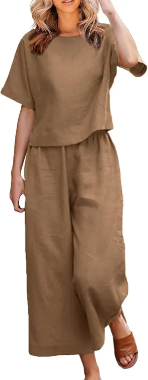 Summer 2 Piece Sets For Women 2024 Casual Loose Tops & Wide Leg Pants Matching Lounge Set Linen Beach Vacation Outfits