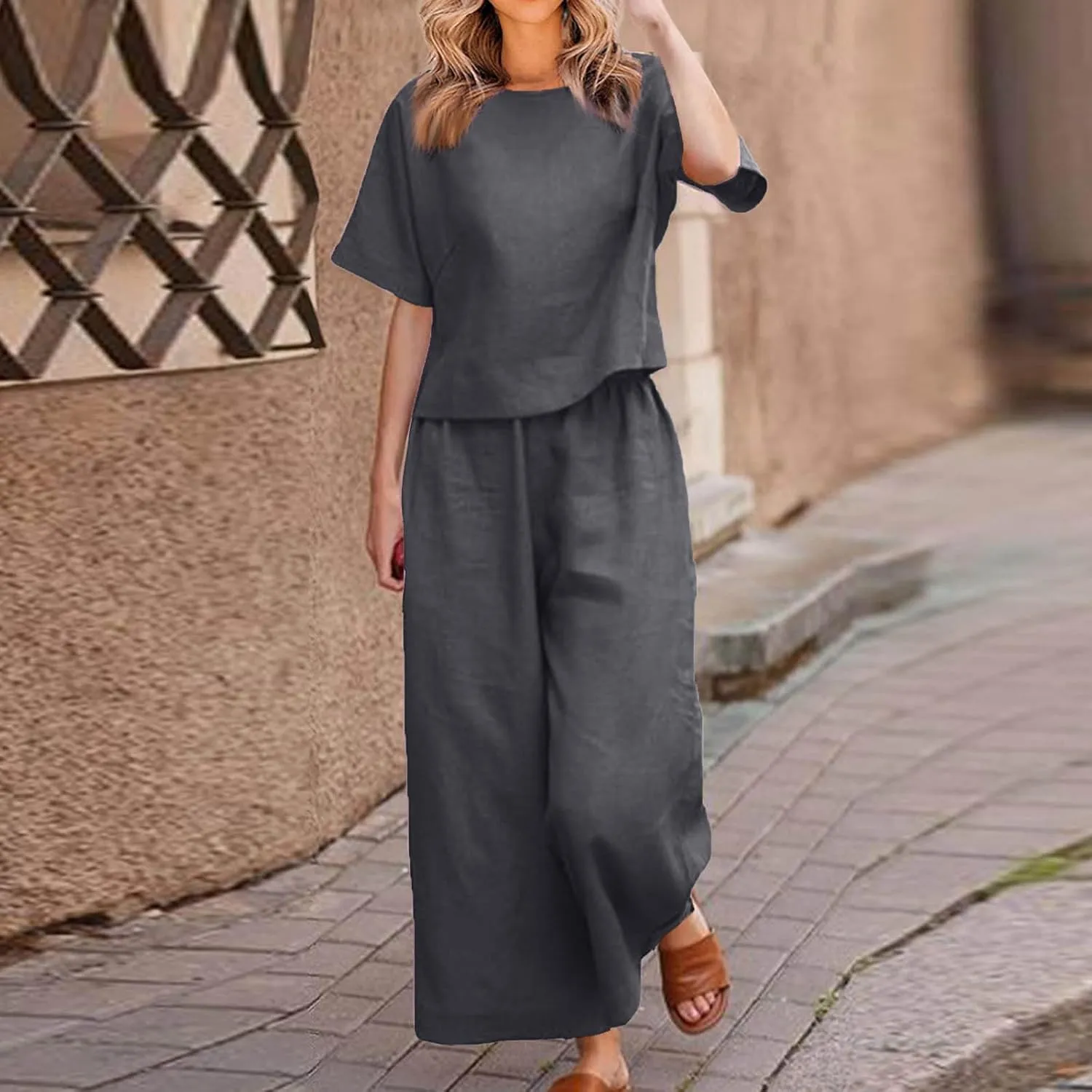 Summer 2 Piece Sets For Women 2024 Casual Loose Tops & Wide Leg Pants Matching Lounge Set Linen Beach Vacation Outfits