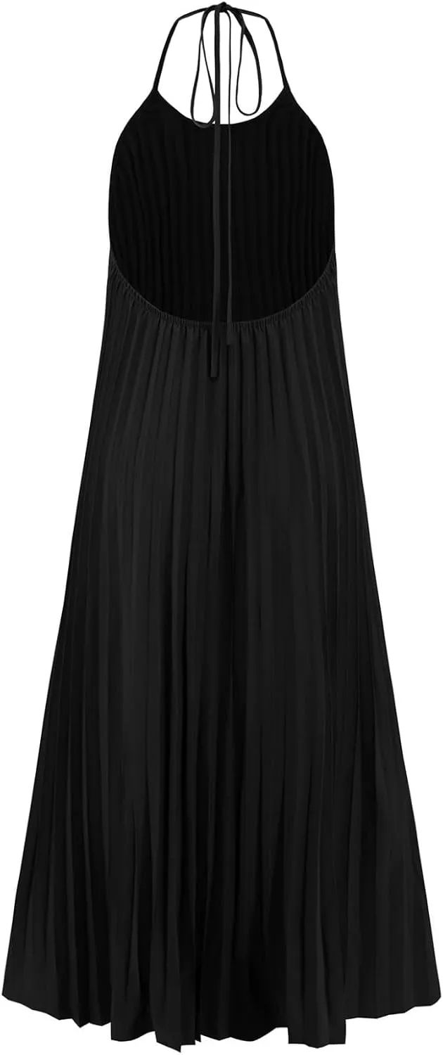 Summer Dresses for Women 2024 Halter Strap Ruched Flowy Sexy Sundresses Swing Casual Vacation Beach Maxi Dress