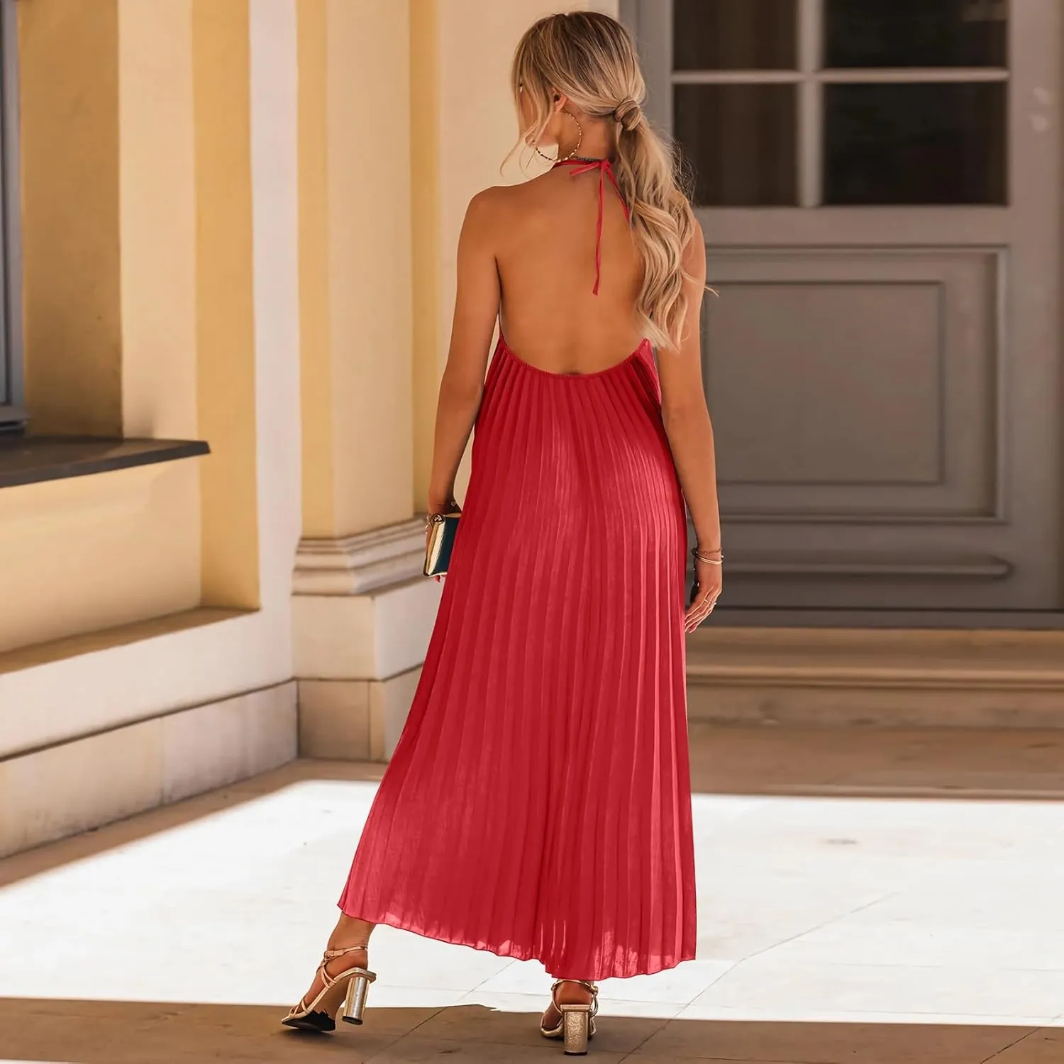Summer Dresses for Women 2024 Halter Strap Ruched Flowy Sexy Sundresses Swing Casual Vacation Beach Maxi Dress
