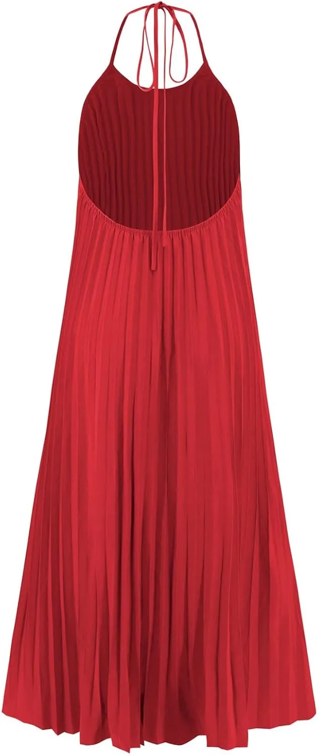 Summer Dresses for Women 2024 Halter Strap Ruched Flowy Sexy Sundresses Swing Casual Vacation Beach Maxi Dress