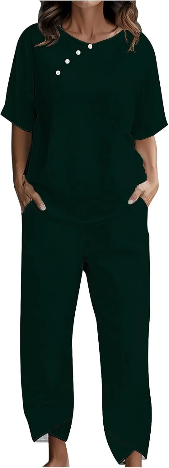 Summer Linen 2 Piece Outfits For Women 2024 Casual Loose Button Down Tops Cropped Trousers Pant Matching Lounge Set