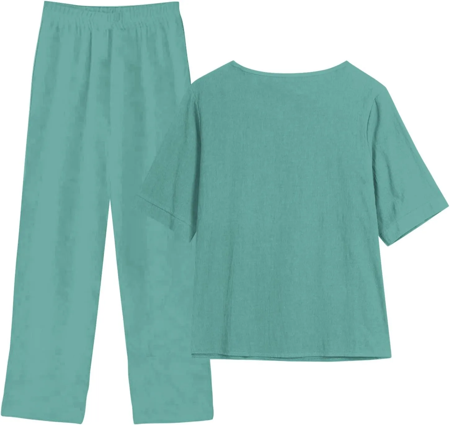 Summer Linen 2 Piece Outfits For Women 2024 Casual Loose Button Down Tops Cropped Trousers Pant Matching Lounge Set