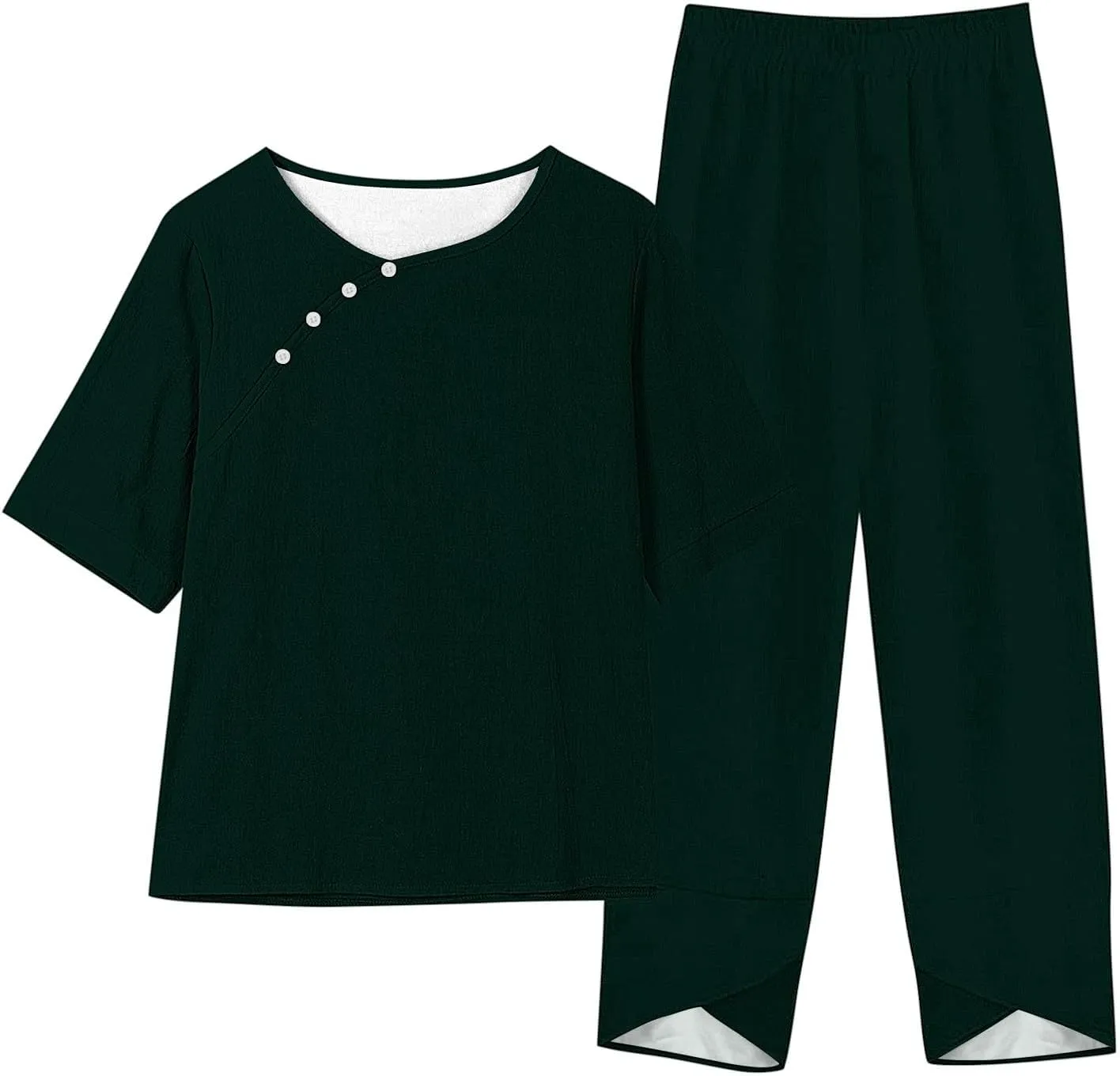 Summer Linen 2 Piece Outfits For Women 2024 Casual Loose Button Down Tops Cropped Trousers Pant Matching Lounge Set