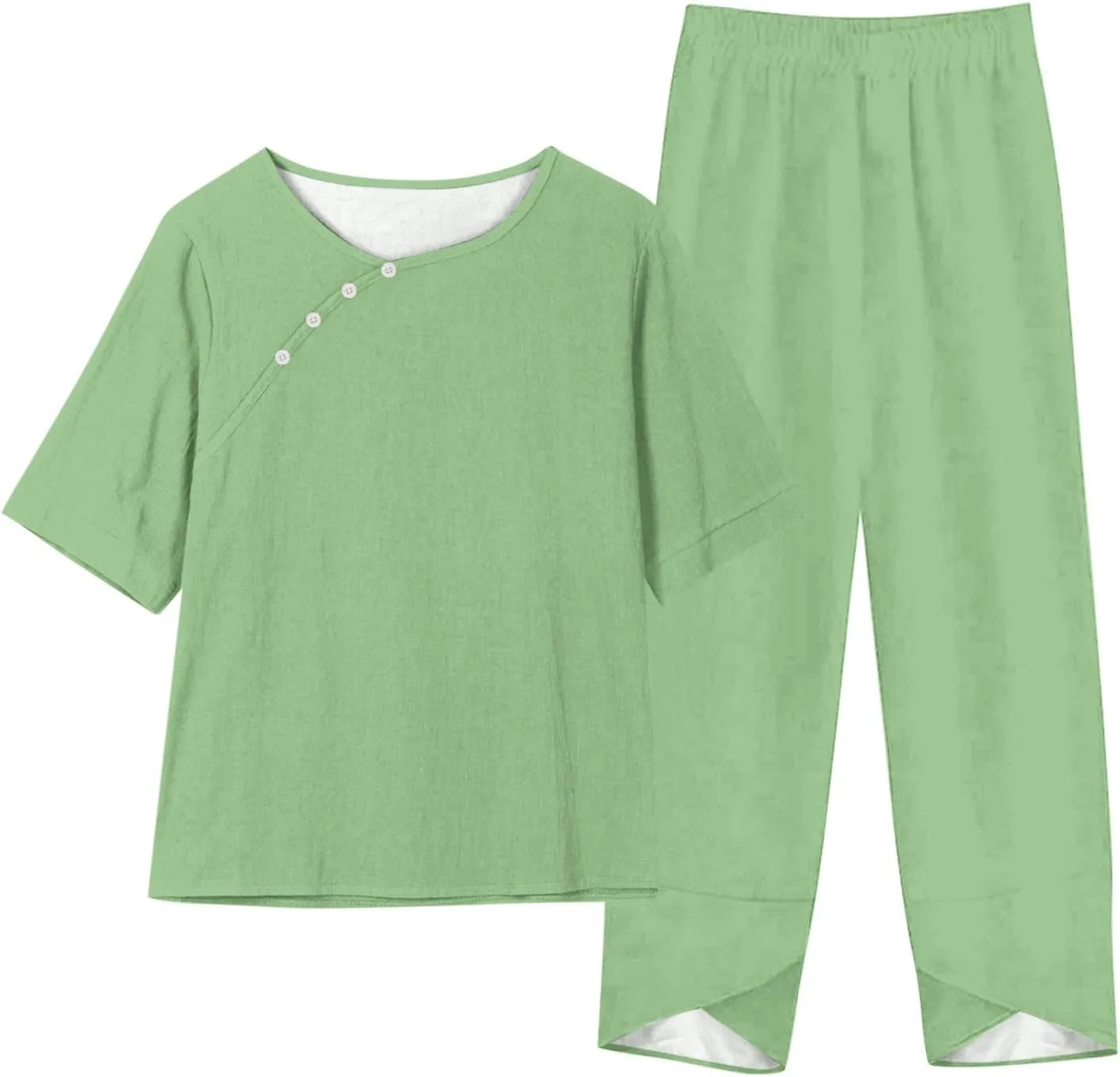Summer Linen 2 Piece Outfits For Women 2024 Casual Loose Button Down Tops Cropped Trousers Pant Matching Lounge Set