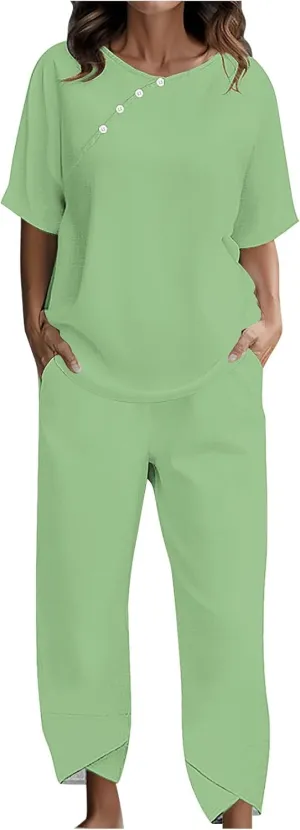 Summer Linen 2 Piece Outfits For Women 2024 Casual Loose Button Down Tops Cropped Trousers Pant Matching Lounge Set