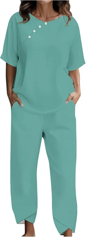 Summer Linen 2 Piece Outfits For Women 2024 Casual Loose Button Down Tops Cropped Trousers Pant Matching Lounge Set