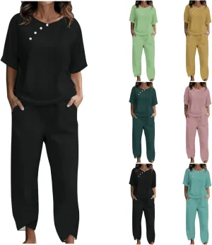 Summer Linen 2 Piece Outfits For Women 2024 Casual Loose Button Down Tops Cropped Trousers Pant Matching Lounge Set