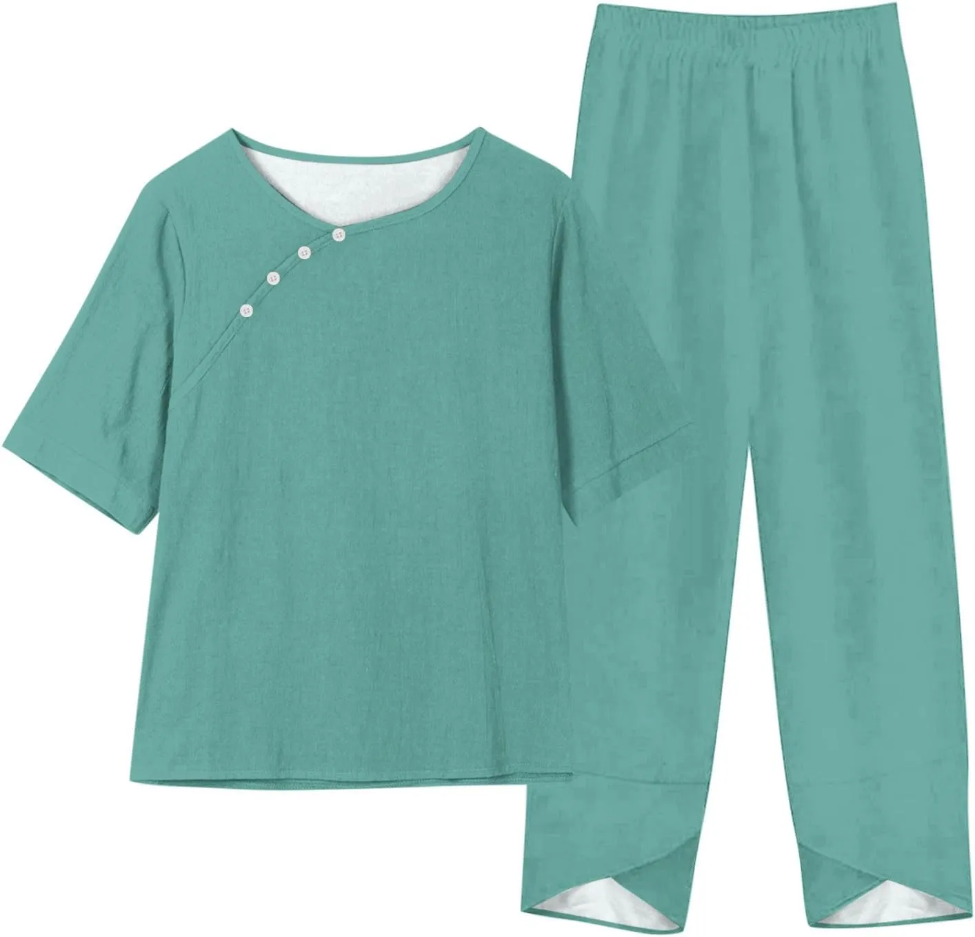 Summer Linen 2 Piece Outfits For Women 2024 Casual Loose Button Down Tops Cropped Trousers Pant Matching Lounge Set