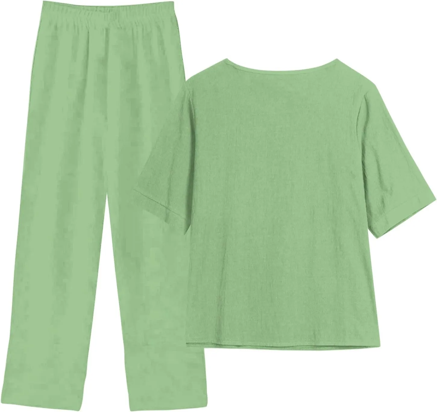 Summer Linen 2 Piece Outfits For Women 2024 Casual Loose Button Down Tops Cropped Trousers Pant Matching Lounge Set