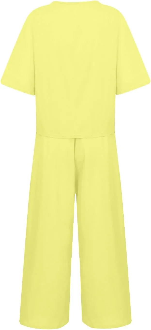 Summer Linen Two Piece Sets For Women Plus Size Beach Vacation Outfits 2024 Casual Tops Wide Leg Pants Lounge Set