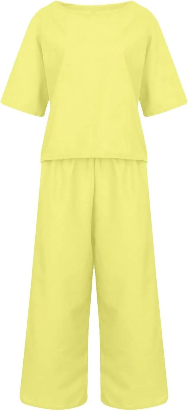 Summer Linen Two Piece Sets For Women Plus Size Beach Vacation Outfits 2024 Casual Tops Wide Leg Pants Lounge Set