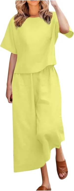 Summer Linen Two Piece Sets For Women Plus Size Beach Vacation Outfits 2024 Casual Tops Wide Leg Pants Lounge Set
