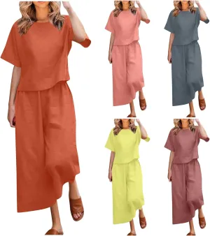 Summer Linen Two Piece Sets For Women Plus Size Beach Vacation Outfits 2024 Casual Tops Wide Leg Pants Lounge Set