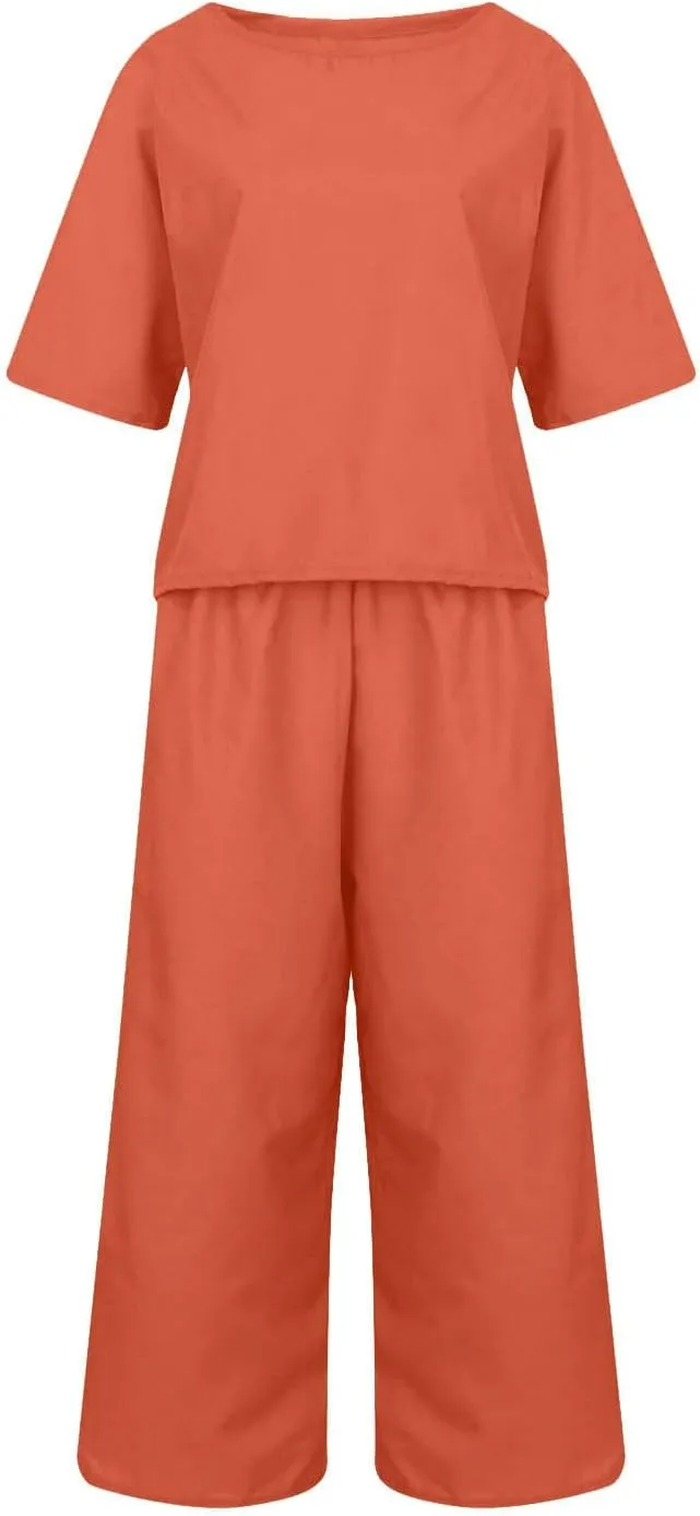 Summer Linen Two Piece Sets For Women Plus Size Beach Vacation Outfits 2024 Casual Tops Wide Leg Pants Lounge Set