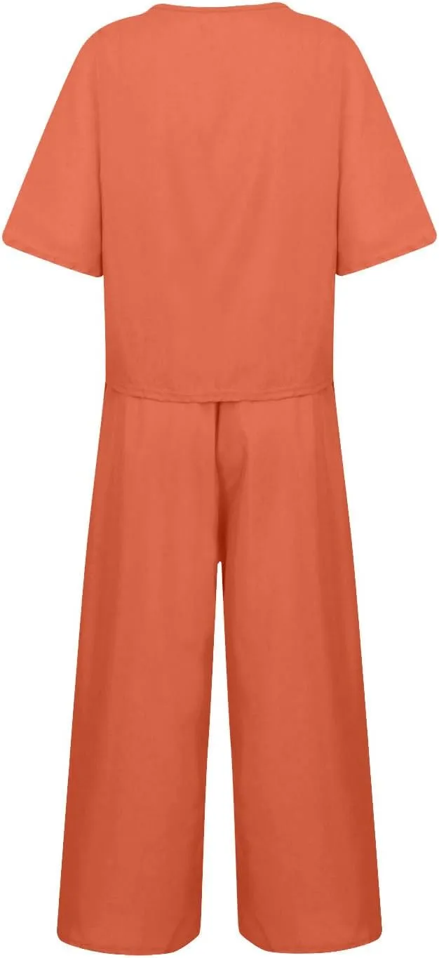 Summer Linen Two Piece Sets For Women Plus Size Beach Vacation Outfits 2024 Casual Tops Wide Leg Pants Lounge Set