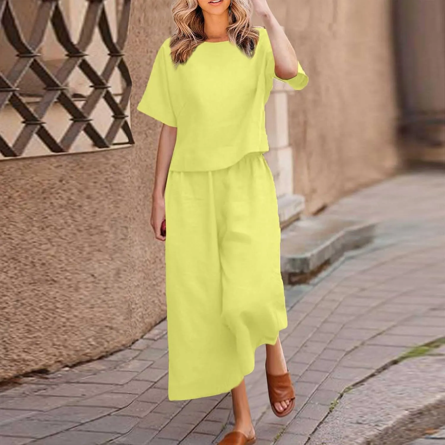 Summer Linen Two Piece Sets For Women Plus Size Beach Vacation Outfits 2024 Casual Tops Wide Leg Pants Lounge Set