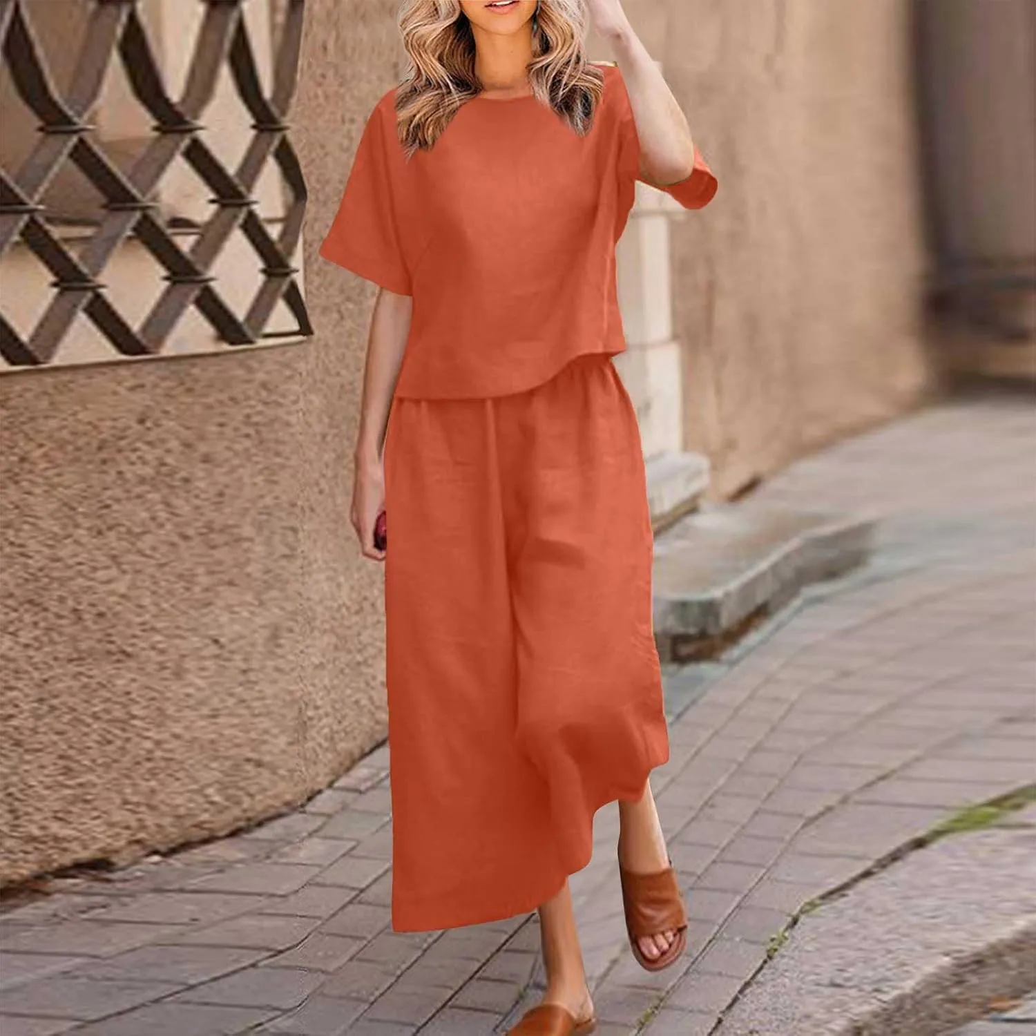 Summer Linen Two Piece Sets For Women Plus Size Beach Vacation Outfits 2024 Casual Tops Wide Leg Pants Lounge Set
