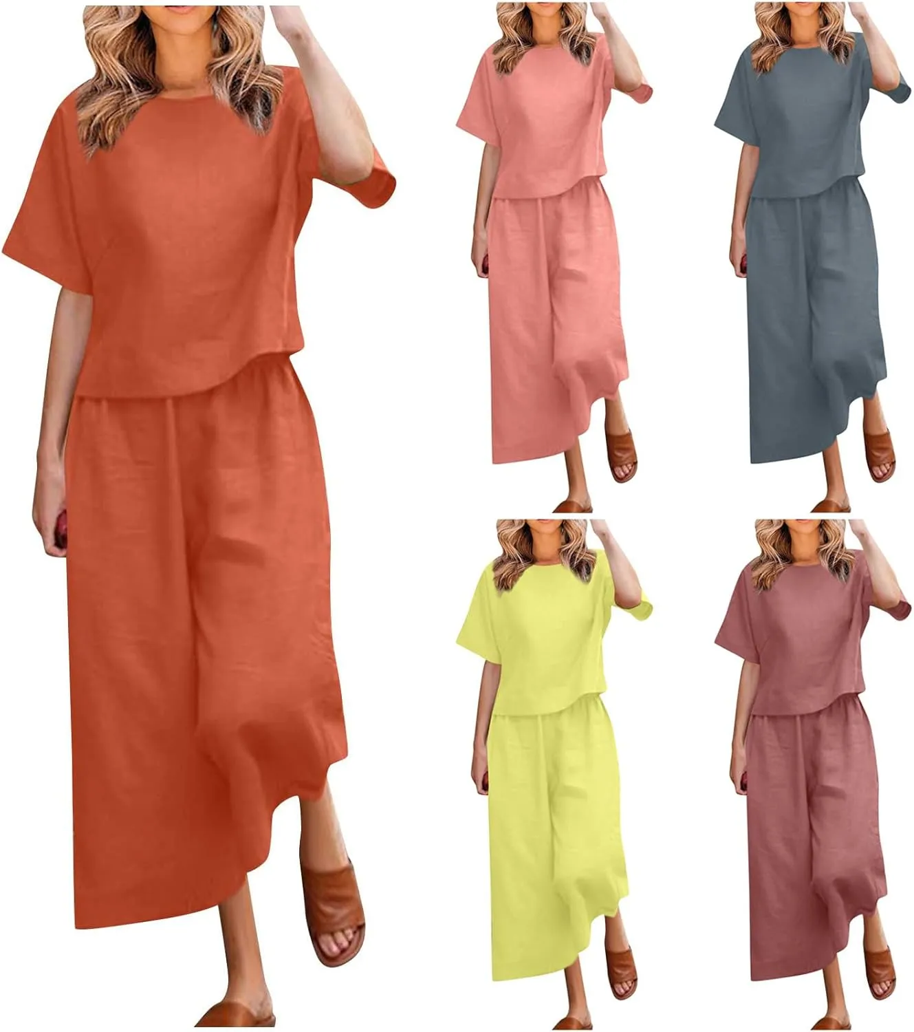 Summer Linen Two Piece Sets For Women Plus Size Beach Vacation Outfits 2024 Casual Tops Wide Leg Pants Lounge Set