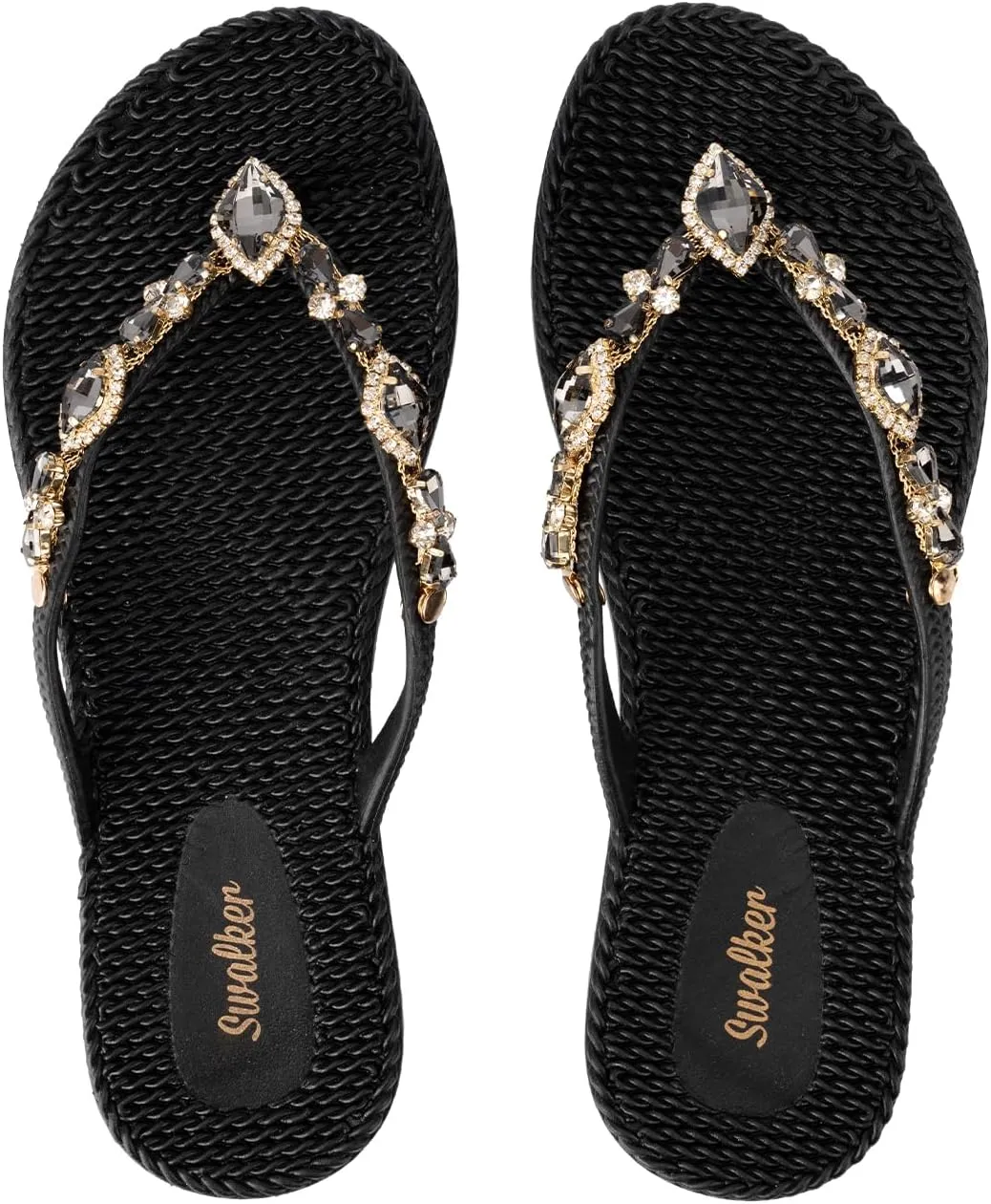 Swalker Woman's Sandal Flip Flop With Rhinestone in Recyclable Rubber Sole, Crystal Thong