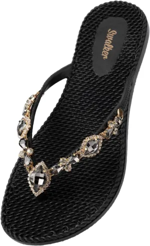 Swalker Woman's Sandal Flip Flop With Rhinestone in Recyclable Rubber Sole, Crystal Thong