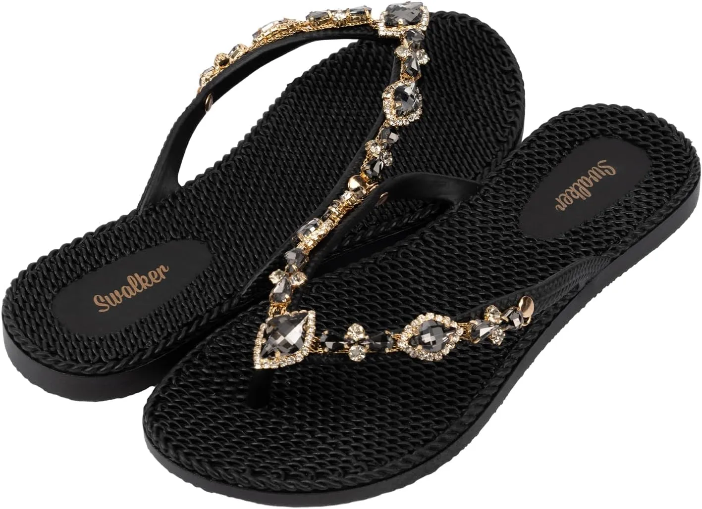 Swalker Woman's Sandal Flip Flop With Rhinestone in Recyclable Rubber Sole, Crystal Thong