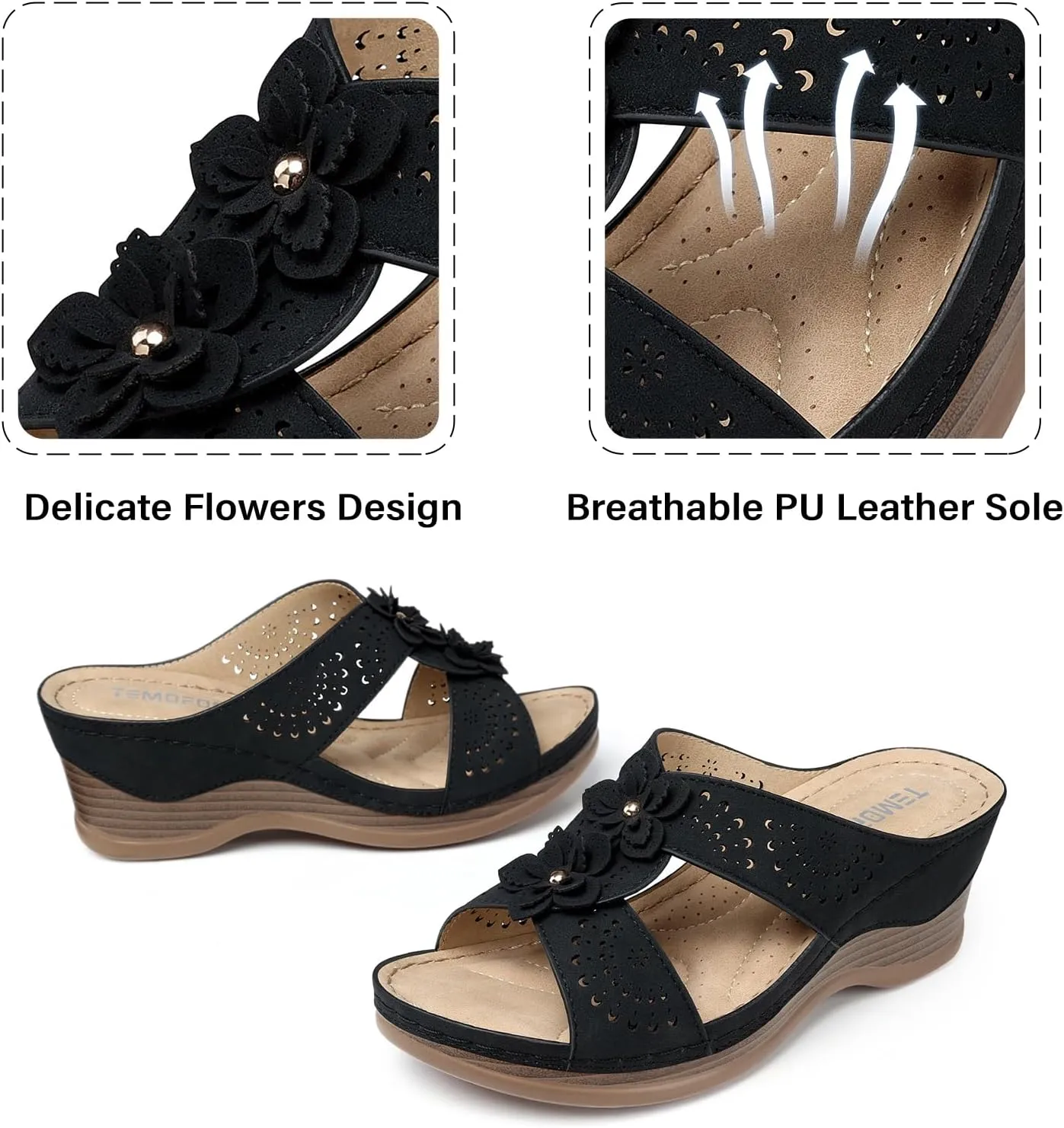 TEMOFON Womens Wedge Sandals Leather: Dressy Sandal, Rubber Sole, Comfortable Walking, Casual Slip on Summer Shoes, Size 5-11