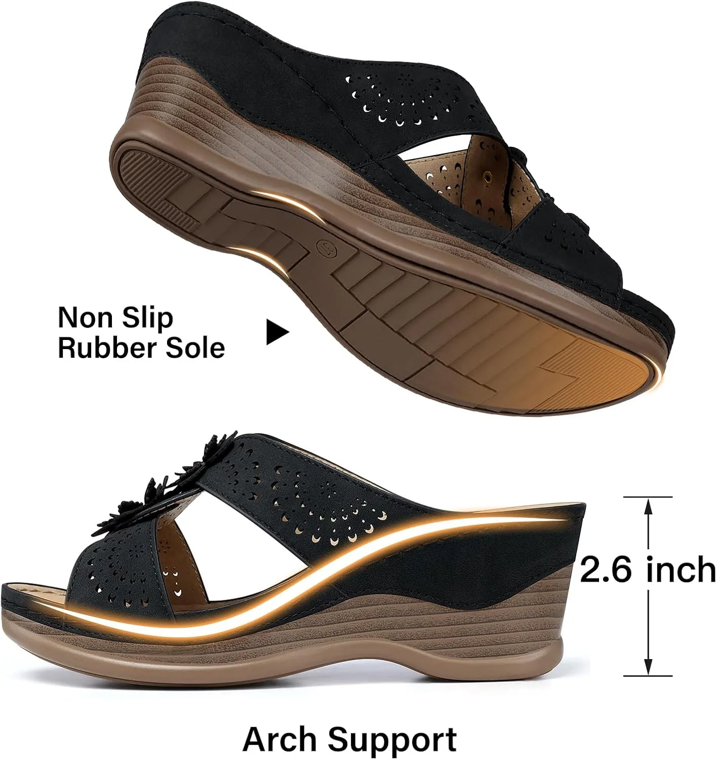 TEMOFON Womens Wedge Sandals Leather: Dressy Sandal, Rubber Sole, Comfortable Walking, Casual Slip on Summer Shoes, Size 5-11