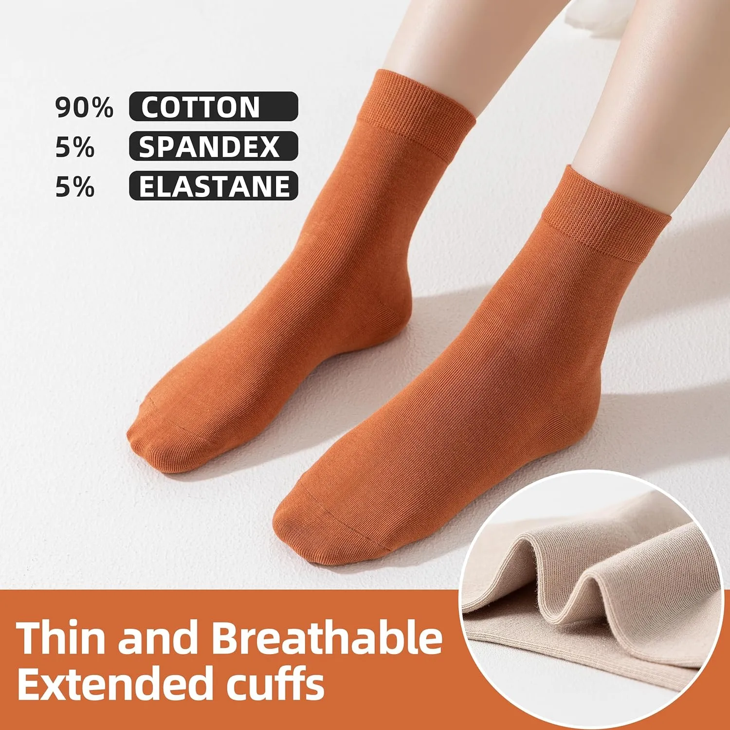 Thin Cotton Crew Socks for Women - 6 Pairs, Above Ankle, Soft Bootie Socks, Size 5-9