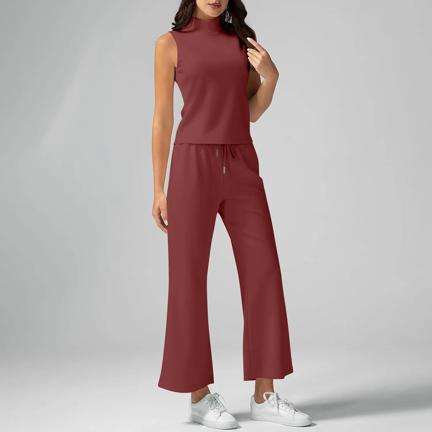 Two Piece Sets For Women Summer Dressy Sleeveless Mock Neck Tops Wide Leg Pants Tracksuit Matching Set Vacation Outfits