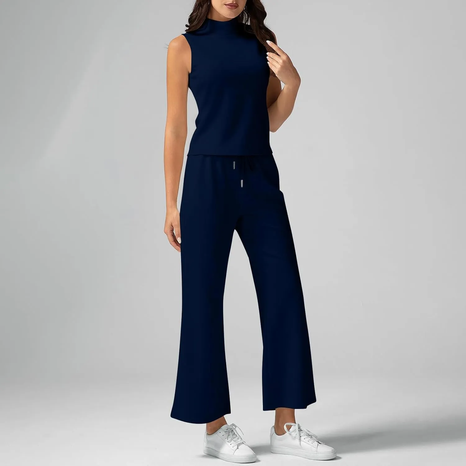 Two Piece Sets For Women Summer Dressy Sleeveless Mock Neck Tops Wide Leg Pants Tracksuit Matching Set Vacation Outfits