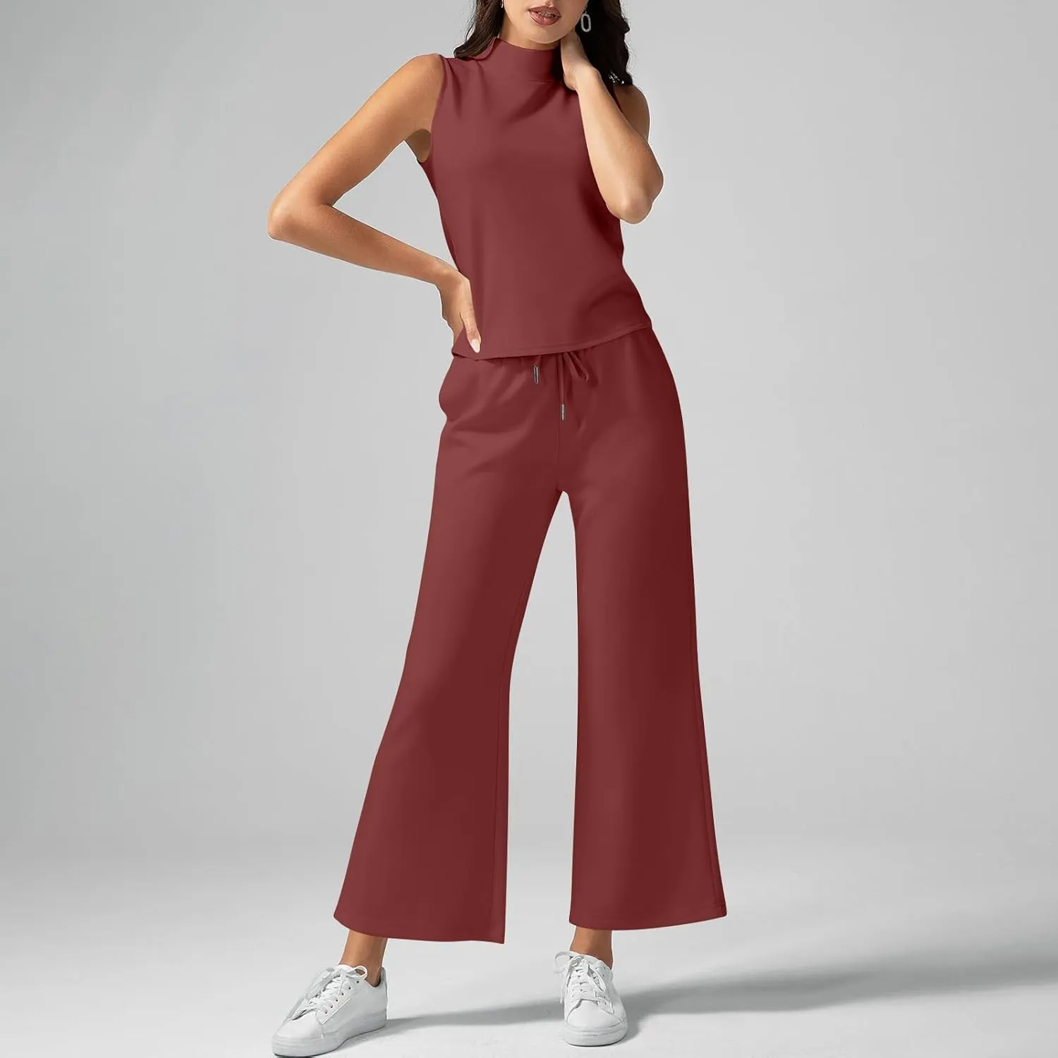 Two Piece Sets For Women Summer Dressy Sleeveless Mock Neck Tops Wide Leg Pants Tracksuit Matching Set Vacation Outfits