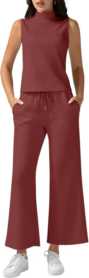 Two Piece Sets For Women Summer Dressy Sleeveless Mock Neck Tops Wide Leg Pants Tracksuit Matching Set Vacation Outfits