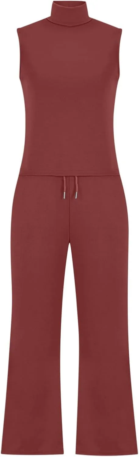 Two Piece Sets For Women Summer Dressy Sleeveless Mock Neck Tops Wide Leg Pants Tracksuit Matching Set Vacation Outfits