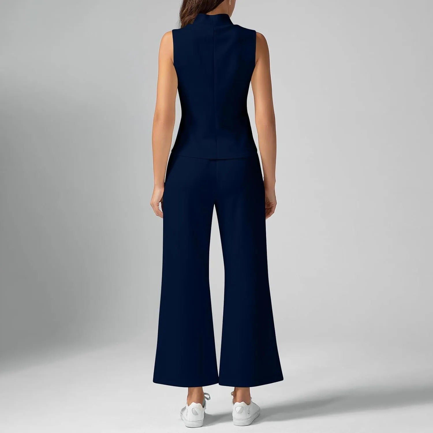 Two Piece Sets For Women Summer Dressy Sleeveless Mock Neck Tops Wide Leg Pants Tracksuit Matching Set Vacation Outfits
