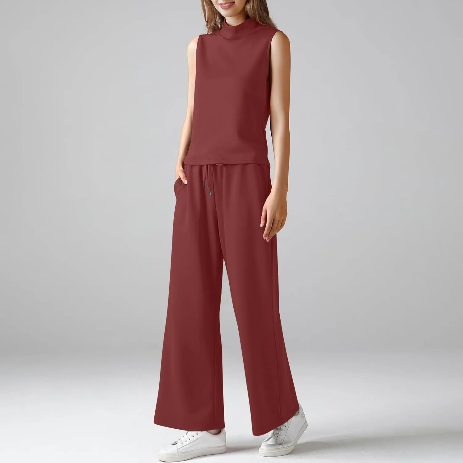 Two Piece Sets For Women Summer Dressy Sleeveless Mock Neck Tops Wide Leg Pants Tracksuit Matching Set Vacation Outfits