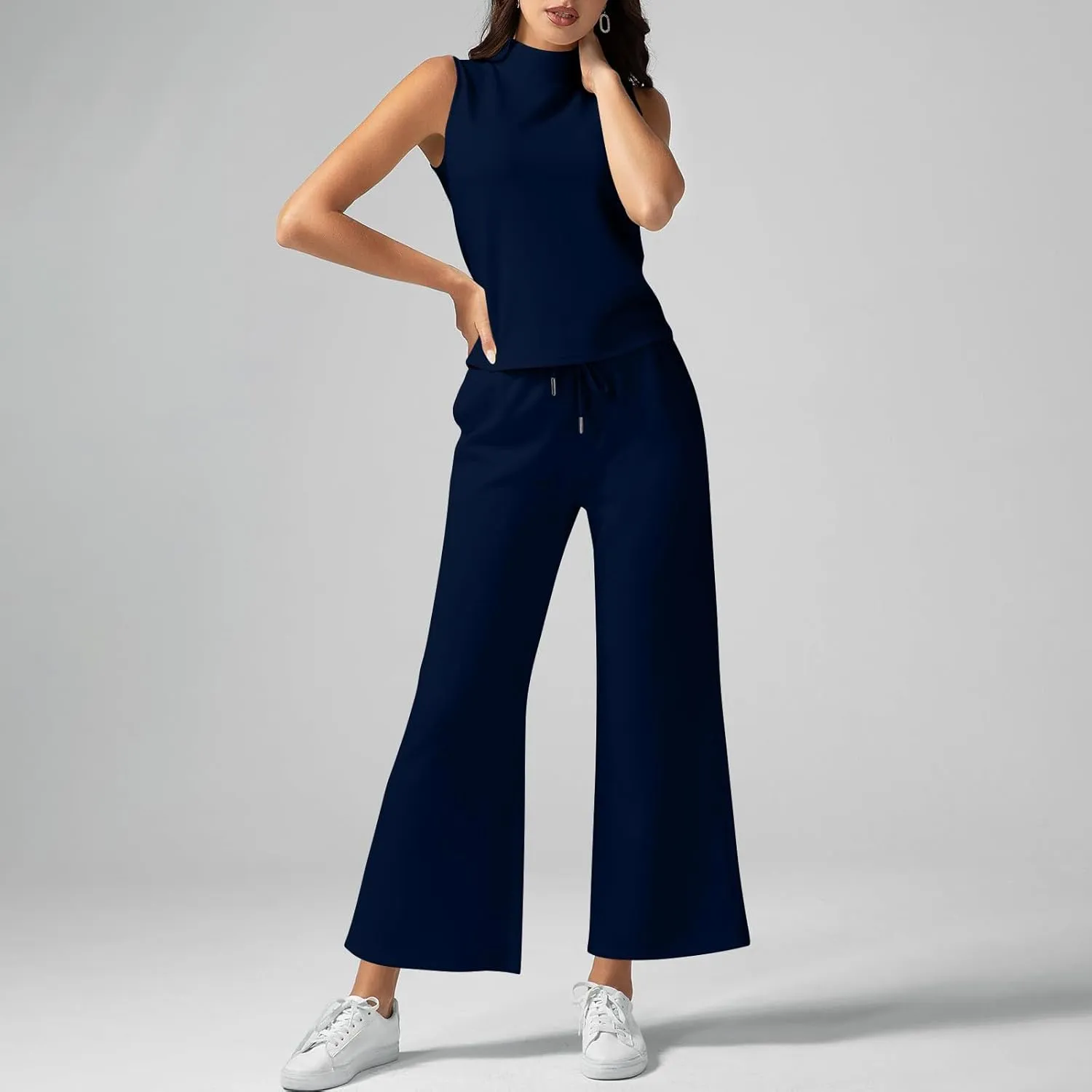 Two Piece Sets For Women Summer Dressy Sleeveless Mock Neck Tops Wide Leg Pants Tracksuit Matching Set Vacation Outfits