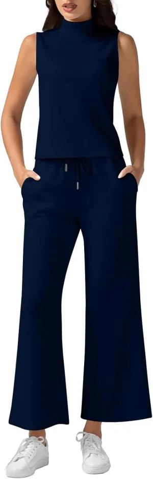 Two Piece Sets For Women Summer Dressy Sleeveless Mock Neck Tops Wide Leg Pants Tracksuit Matching Set Vacation Outfits